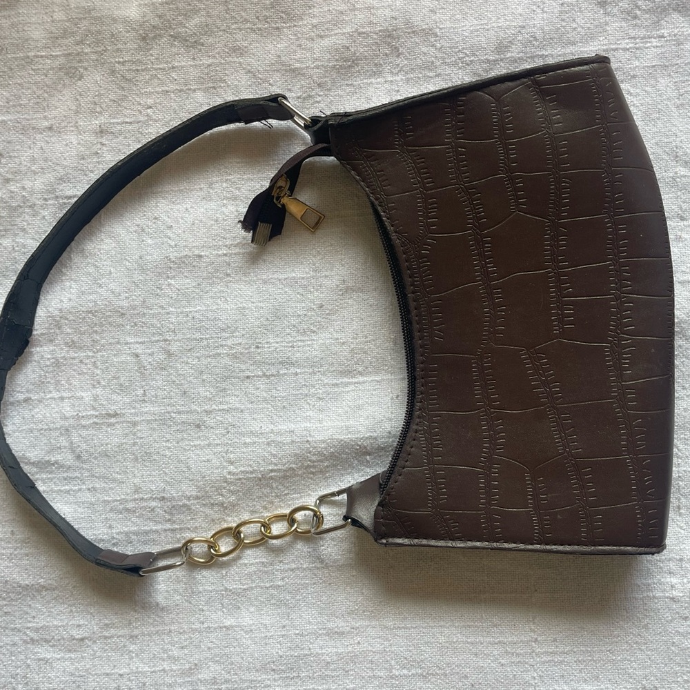 Brown Croc-Embossed Shoulder Bag